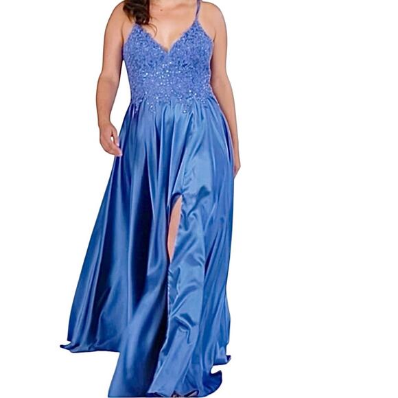 Faviana 9498 Blue Satin Formal Gown – Size 18 – Beaded Bustier & Corset Back NWT - Picture 6 of 16